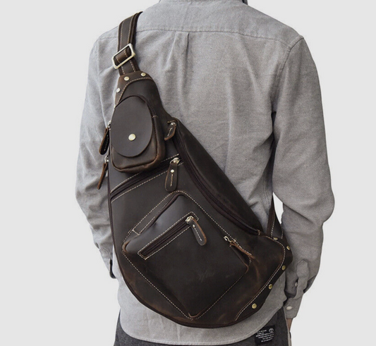 Large-Capacity Leather Chest Bag – Crazy Horse Sling & Travel Pack